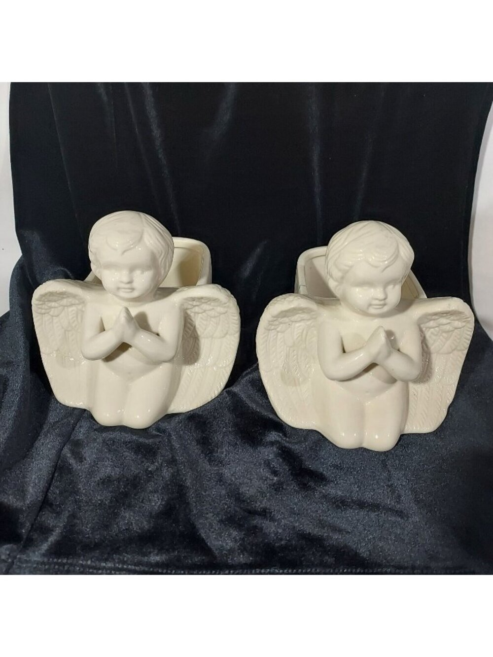 Ceramic Praying Angel Winged Cherub Planter White Finish Set Of 2 Vintage